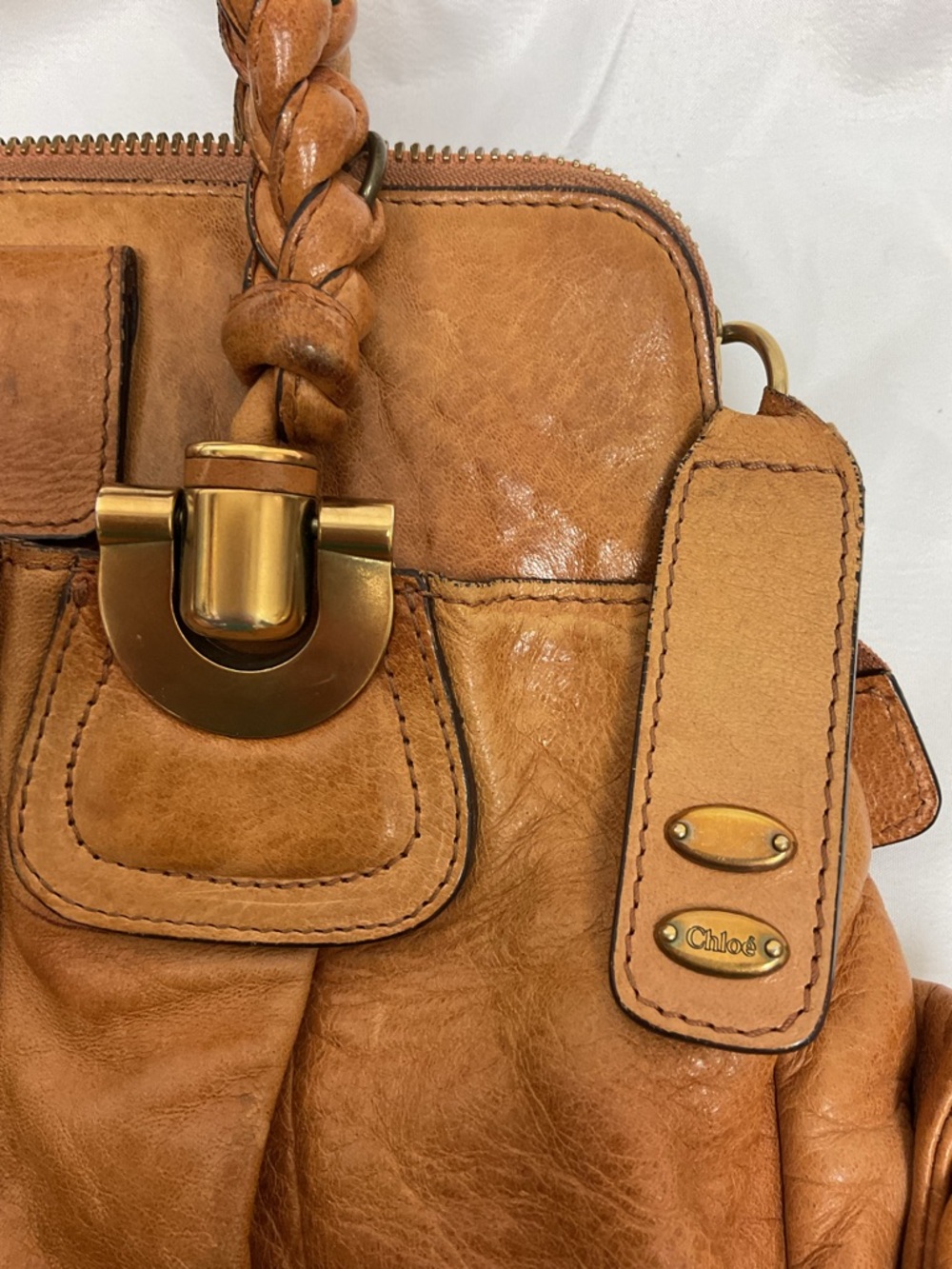 Chloé Paddington Style Tan Leather Satchel Braided Handles Gold Hardware - Picture 3 of 16